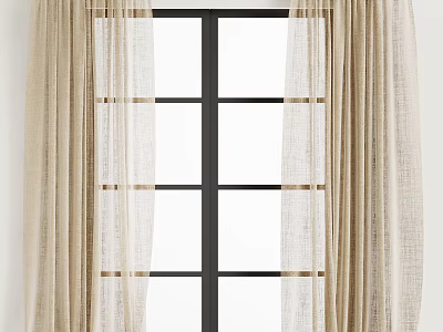 Beige Linen Curtains With Sheer Panels For Black Frame Window Decoration 3d model
