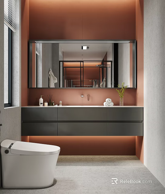 Modern Bathroom Interior With Large Mirror Vanity Toilet And Decorative Plant 3d model 