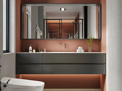 Modern Bathroom Interior With Large Mirror Vanity Toilet And Decorative Plant 3d model