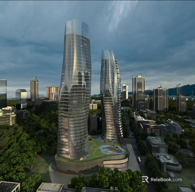 Aerial Planning Of Modern Urban Skyscrapers With Green Spaces And Circular Plaza 3d model 