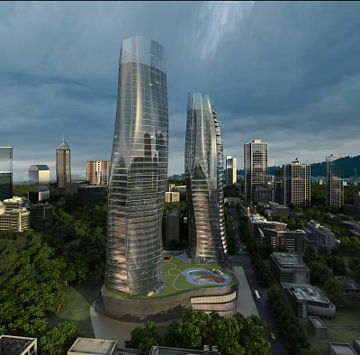 Aerial Planning Of Modern Urban Skyscrapers With Green Spaces And Circular Plaza 3d model