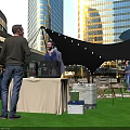 Garden Landscape With Black Sunshades String Lights Green Lawn Folding Chairs Cactus Decorations Modern Buildings