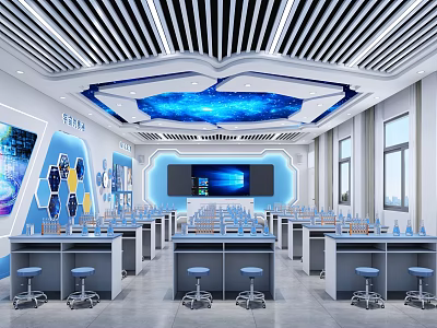 Modern Scientific Lab Interior With Stellar Ceiling Workbenches And Stools 3d model
