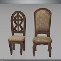 Two Traditional Wooden Chairs with Carved Backrest and Upholstered Patterned Seat