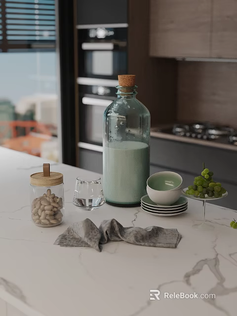 Elegant Modern Kitchen Table Setting With Glass Bottle Nuts Grapes And Dishes 3d model