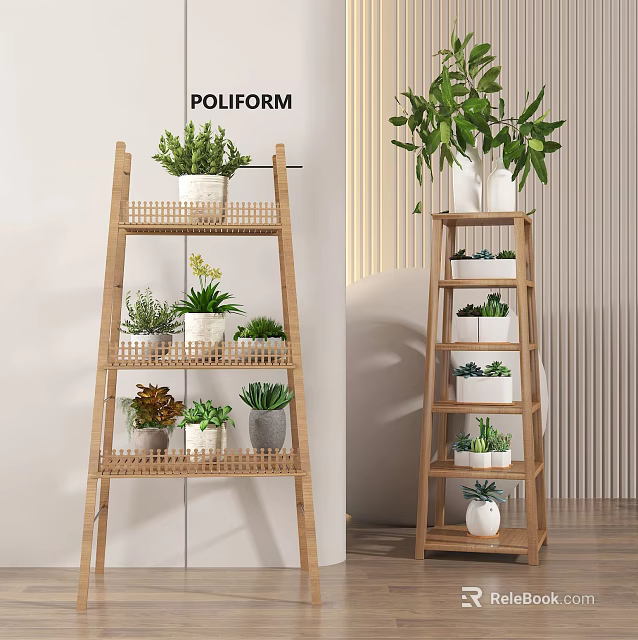 Wooden Multi Tiered Plant Stand With Various Indoor Plants And Decorative Pots 3d model 