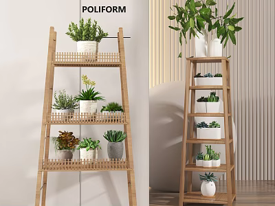 Wooden Multi Tiered Plant Stand With Various Indoor Plants And Decorative Pots 3d model