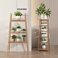 Wooden Multi Tiered Plant Stand With Various Indoor Plants And Decorative Pots