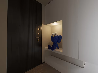 Blue Cartoon Like Sculpture With Big Eyes In Niche By White Cabinet And Black Door 3d model