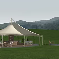 Scenic Campsite With White Tent Grassland Mountain View Trees And Bonfire Gathering