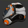 Futuristic Mechanical Weapon With Orange Wheels Transparent Mask And Gray Body Components
