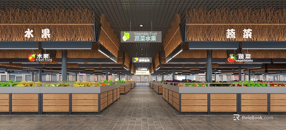 Well Organized Supermarket Vegetable Fruit Section With Fresh Produce And Wooden Shelves 3d model 