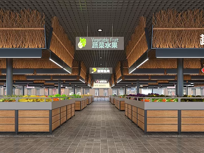 Well Organized Supermarket Vegetable Fruit Section With Fresh Produce And Wooden Shelves 3d model