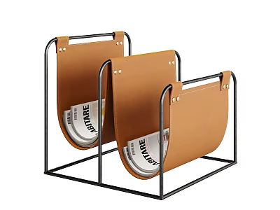Modern Leather and Black Metal Storage Rack with File Holders for Home Office Organization 3d model
