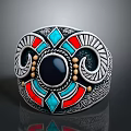 Ornate Silver Ring With Black Gemstone Blue Red Geometric Patterns And Detailed Engravings 3d model