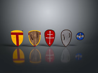 Medieval Shields Displaying Cross Texture Emblem Designs In Yellow Red Brown Gray Blue 3d model