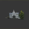 Gothic Style Stone Building With Pointed Gabled Roofs Chimneys Front Pathway And Side Tree