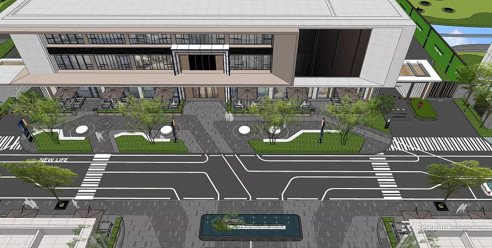 Modern Garden Landscape Design With Walkways Green Plants And Water Feature In Front Of Building 3d model 