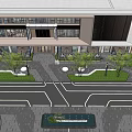 Modern Garden Landscape Design With Walkways Green Plants And Water Feature In Front Of Building