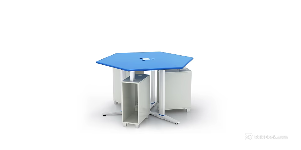 Modern Hexagonal Functional Table with Blue Top and White Storage Cabinets 3d model