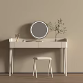 Minimalist Dressing Table With Round Mirror Stool And Makeup Brushes 3d model