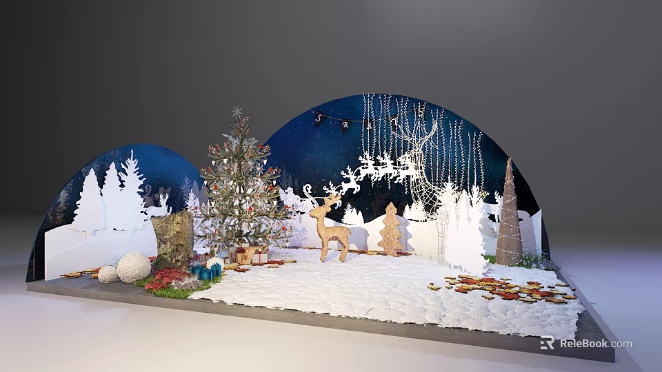 Christmas Themed Decorative Scene With Tree Reindeer Gifts Snow Lights And Wooden Trees 3d model 