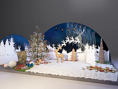 Christmas Themed Decorative Scene With Tree Reindeer Gifts Snow Lights And Wooden Trees 3d model