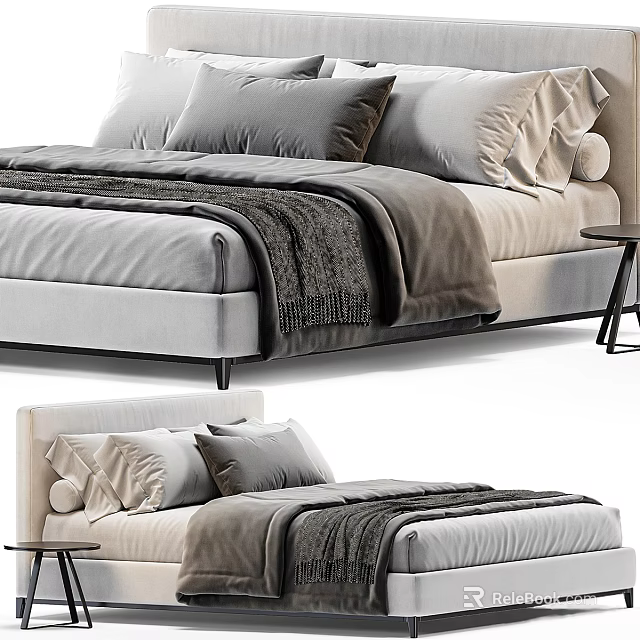 Modern Double Bed With Upholstered Headboard Cozy Bedding And Side Table 3d model 
