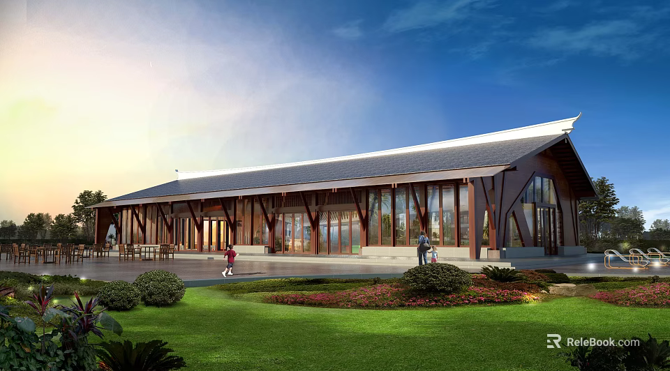 Boutique Guesthouse Building with Wooden Frames Large Glass Windows Sloped Roof and Greenery 3d model 