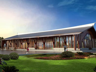 Boutique Guesthouse Building with Wooden Frames Large Glass Windows Sloped Roof and Greenery 3d model