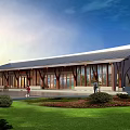 Boutique Guesthouse Building with Wooden Frames Large Glass Windows Sloped Roof and Greenery