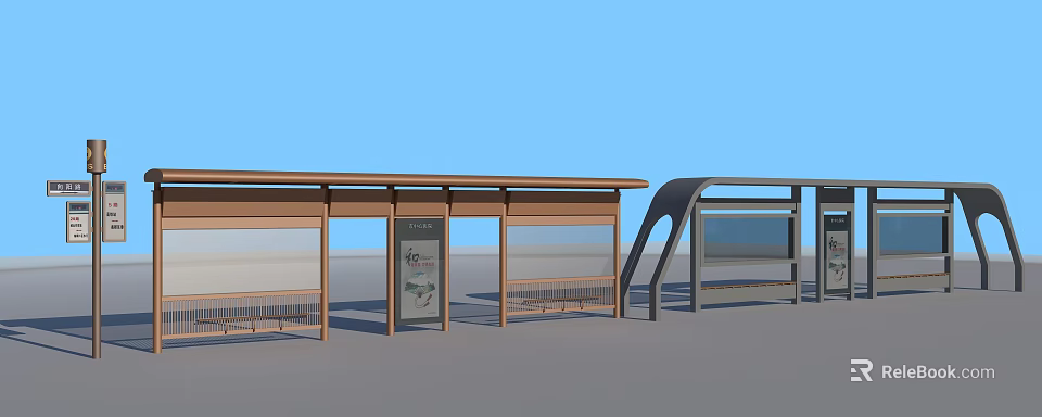 Modern Bus Station with Wooden Structure Glass Panels Benches and Billboard 3d model 