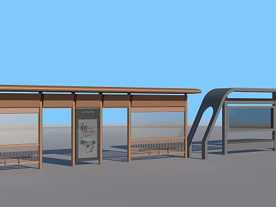 Modern Bus Station with Wooden Structure Glass Panels Benches and Billboard 3d model
