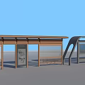 Modern Bus Station with Wooden Structure Glass Panels Benches and Billboard