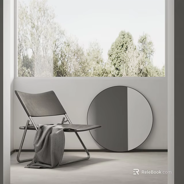 Modern Leisure Chair with Gray Blanket and Round Mirror by Window with Trees 3d model 