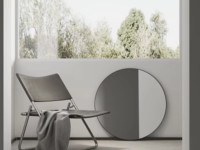 Modern Leisure Chair with Gray Blanket and Round Mirror by Window with Trees 3d model