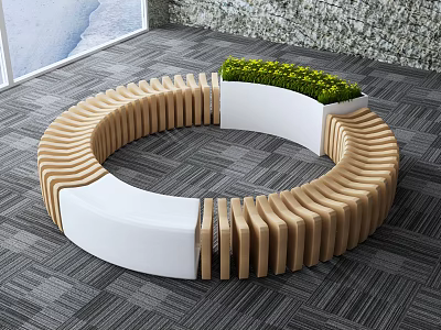Circular Public Chair with Wooden Slats and White Sections Featuring Central Green Plants 3d model