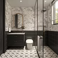 Stylish Bathroom Interior Featuring Floral Wallpaper Black Tile Walls Gold Mirror And Geometric Floor