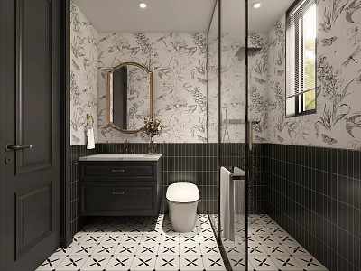 Stylish Bathroom Interior Featuring Floral Wallpaper Black Tile Walls Gold Mirror And Geometric Floor 3d model