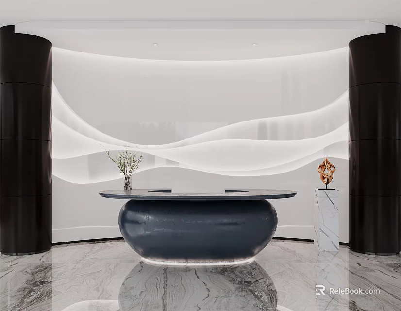 Modern Reception Desk Interior With White Wavy Wall Black Pillars And Marble Floor 3d model 