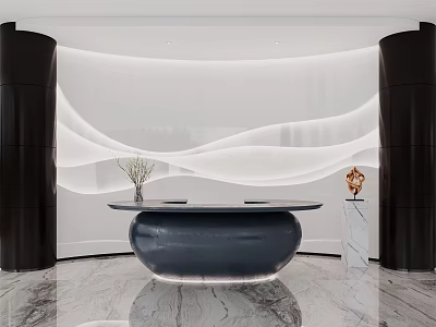 Modern Reception Desk Interior With White Wavy Wall Black Pillars And Marble Floor 3d model
