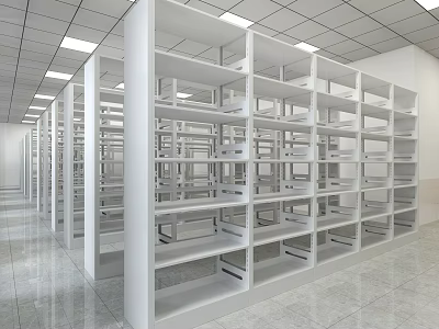 Modern White Library Shelving For Book Display In Spacious Interior 3d model