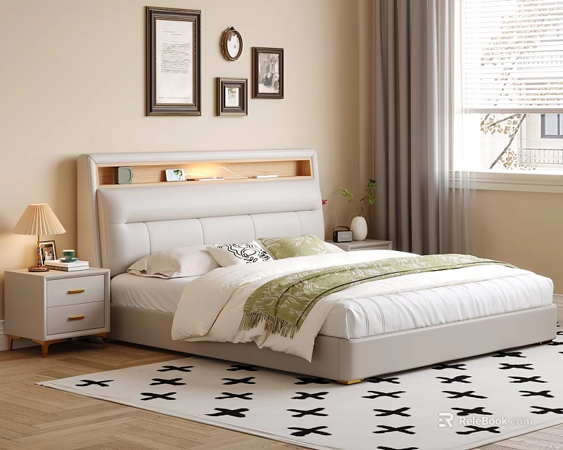 Modern Light Cream Upholstered Double Bed With Built In Storage Headboard For Cozy Bedroom 3d model 