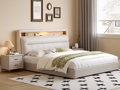 Modern Light Cream Upholstered Double Bed With Built In Storage Headboard For Cozy Bedroom 3d model