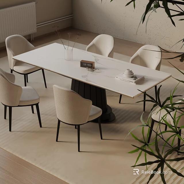 White Modern Dining Table Set With Six Upholstered Chairs And Decorative Items 3d model 