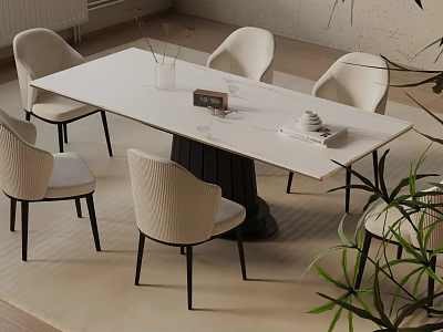 White Modern Dining Table Set With Six Upholstered Chairs And Decorative Items 3d model
