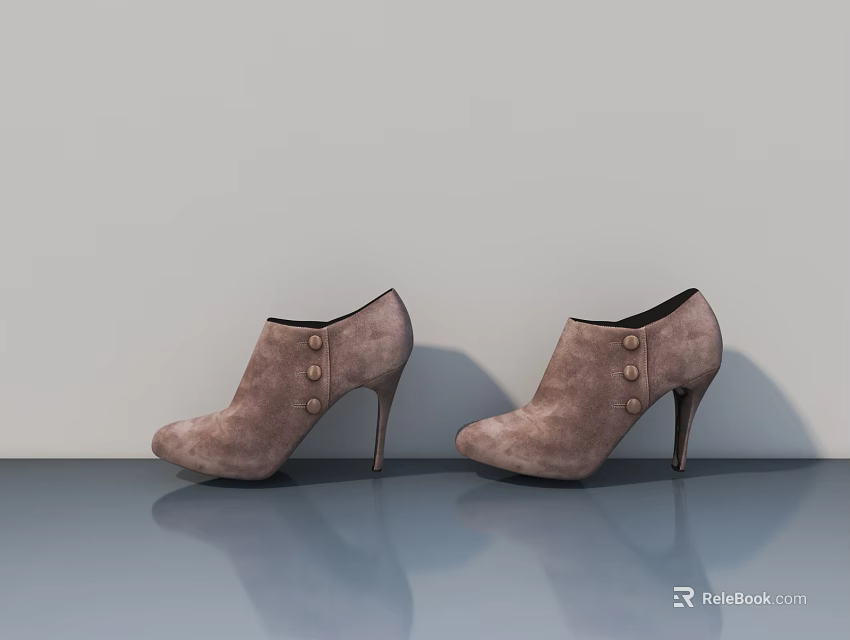 Brown High Heel Shoes With Button Decor On Blue Floor And Grey Wall 3d model 