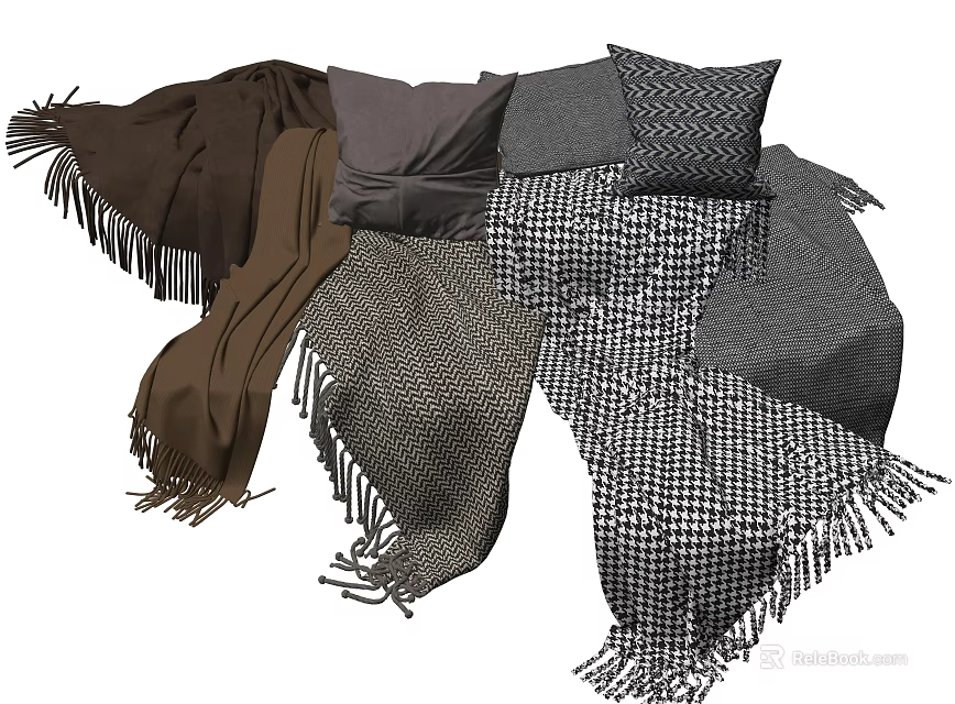 Soft Decorative Pillows In Brown Gray With Houndstooth Pattern And Fringed Blankets For Home 3d model 