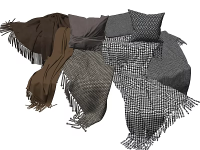 Soft Decorative Pillows In Brown Gray With Houndstooth Pattern And Fringed Blankets For Home 3d model
