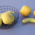 Fresh Yellow Pears and Bananas in Wire Basket on Gray Table